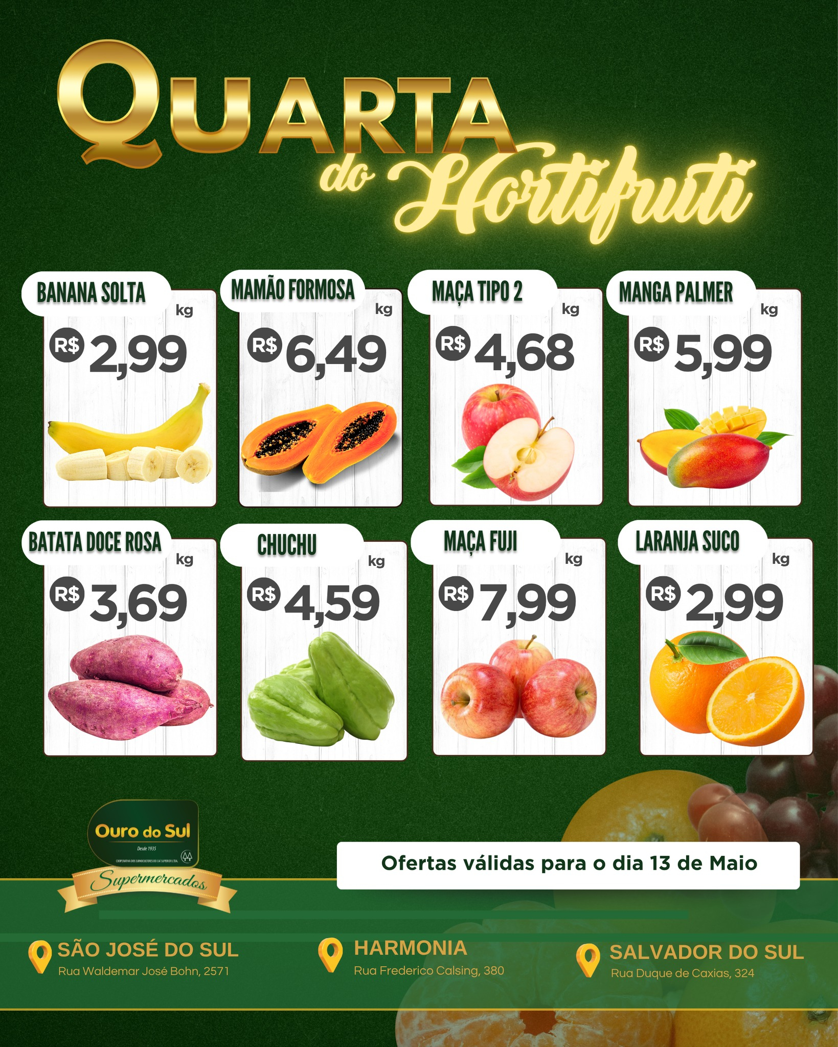Promoção Quarta do Hortifuti nos supermercados Ouro do Sul com ofertas em frutas e verduras